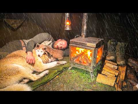 Hot Tent Camping in Heavy Rain All Day! - Caught in Rainstorm With My Dogs!