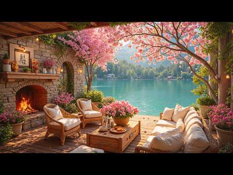 Fresh Spring Morning by the Lake 🌺🍀 Gentle Piano & Soft Fireplace for Relax , Work