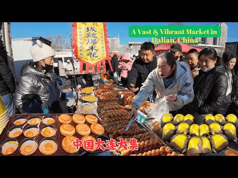 China Dalian city, vast and vibrant open-air market, street foods, stewed chicken, rice candy, 4K