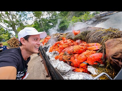 New England HUGE CLAMBAKE!! 298 Lobsters, Clams, Corn on Cabbage Island!!