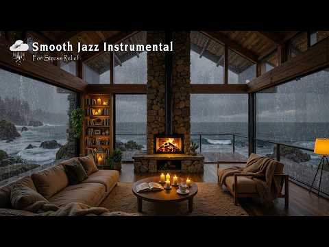 Calm Coastal on Rainy Day for Stress Relief 🌧️ Cozy Cabin Ambience with Smooth Jazz Instrumental