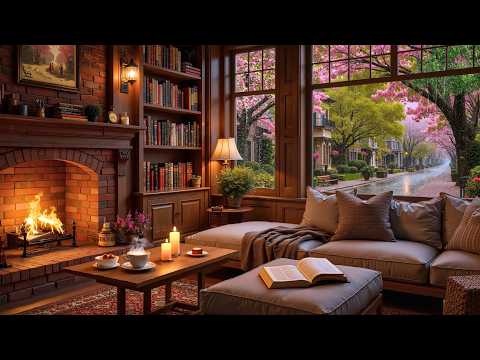 March Spring Rain Coffee Shop ☕🌧️ Smooth Jazz Piano & Fireplace Sounds for Study & Focus