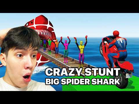 Superheroes against Big Spider Shark, Crazy Stunt Race Challenge by Motorcycle, Cars and Quad Bike