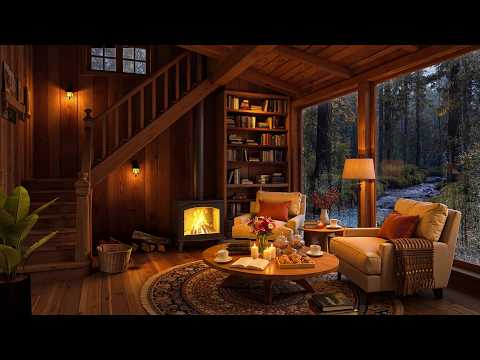 Peaceful Cabin Ambience - Warm Jazz Music, Fireplace Sounds & Rainfall for Deep Relaxation