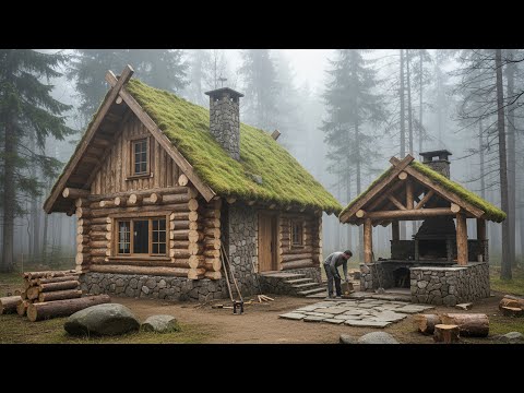 Building a Wooden Log House in the Woods | Full Process