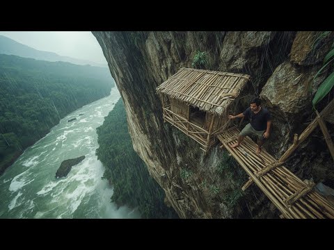 60-Day Challenge: Building a Bamboo Shelter and Surviving on a Dangerous Cliff, Bushcraft, Survival