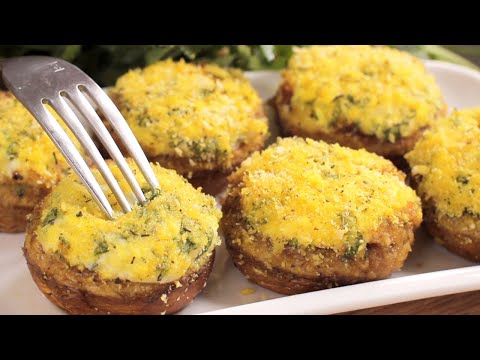 Your guests will ask for the recipe! Garlic mushrooms with cheese and bacon.  Tastier than meat!