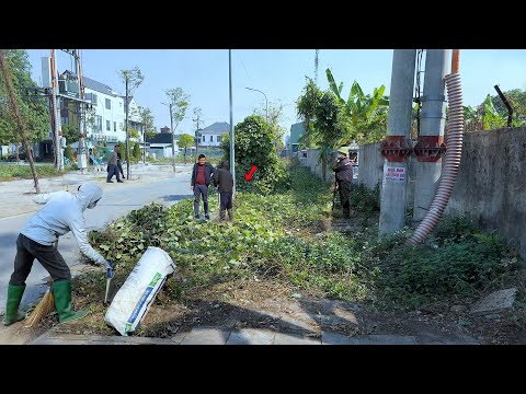 The unexpected action of two rich men towards us when clearing grass on the sidewalk