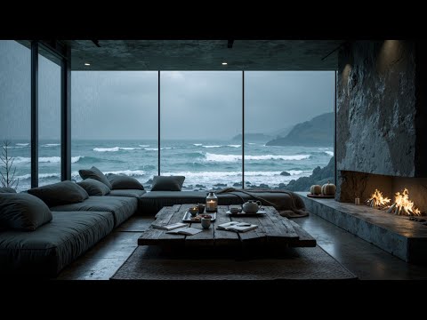 Warm Jazz Cabin Vibes ~ Rainy Sea View & Crackling Fireplace Ambience