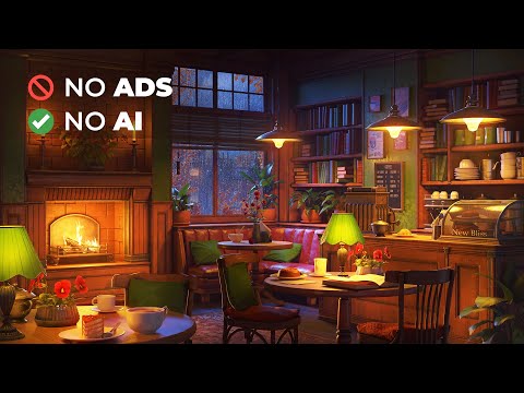 A Vintage Book Cafe Ambience with Smooth Jazz Music, Crackling Fire and Rain Sounds