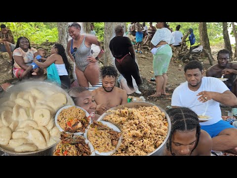 200 dumpling | huge pot a rice vs a river full of people | massive cook out fish & chicken
