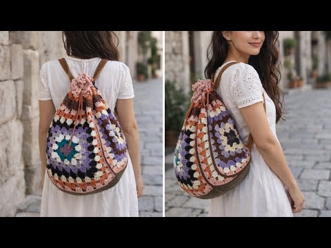 Crochet granny square backpack, made with left over yarns #crochetgrannysquare  #crochetpatterns