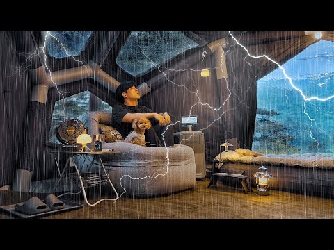Camping in Rain with My Dog . Cozy Inflatable Tent . Thunder & Lightening ASMR