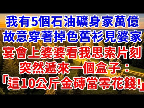 我有5個石油礦身家萬億，故意穿著掉色舊衫見婆家。宴會上婆婆看我思索片刻，突然遞來一個盒子：這10公斤金磚當零花錢！#思妤說故事#為人處世#生活經驗#情感故事#晚年哲理#說故事#完結文#原創故事