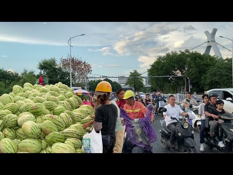 广西传统地摊经济第3集，沉浸式体验路边摊，南宁最热闹最便宜的“水果街“，物价超便宜，轻松实现水果自由，龙眼2元一斤，大西瓜10元三个，葡萄3元一斤，秋梨10元7个，水蜜桃10元3斤，水果木瓜5元一个。