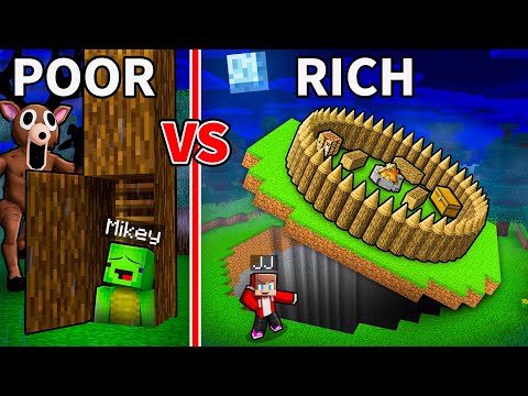 JJ and Mikey: POOR vs RICH 99 Nights In The Forest Base Battle in Minecraft - Maizen