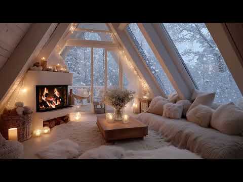 Peaceful Winter Piano & Fireplace Sounds | Snowy Night Ambience | Calm Relax Healing Focus