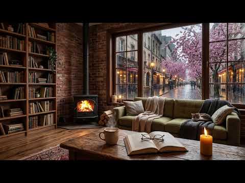 Quiet Rainy Evening with Cherry Blossoms 🌸 Gentle Jazz & Fireplace Ambience