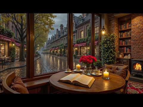 Rainy Flower Coffee Shop Jazz ☕ Background Jazz Music & Fireplace Sounds for Cozy Evenings