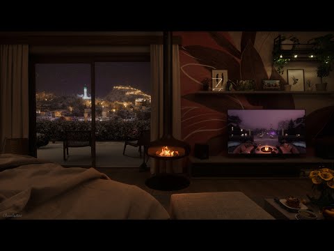 Quiet Snowy Night, Cozy Cottage Ambience | Crackling Fire Sounds, White Noise