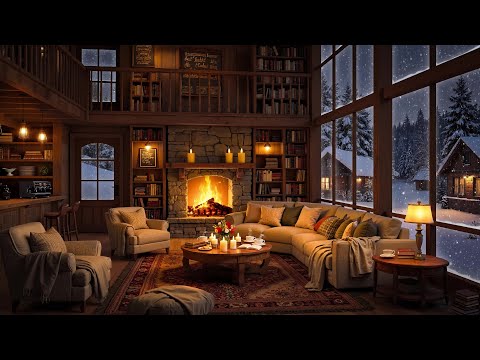 Winter Living Room Ambience 🔥 Cozy Jazz, Crackling Fireplace & Snowfall Outside for Relaxation