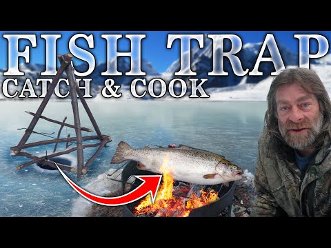 Fish Trap Catch & Cook | NEW Ice Fishing Bushcraft Build | Overnight Winter Camping
