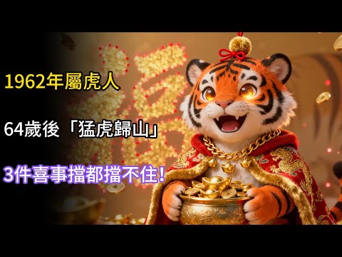 恭喜！ 1962年屬虎人，64歲後「猛虎歸山」，3件喜事擋都擋不住！#1962年屬虎  #屬虎運勢 #命理   #財運 #轉運 #64歲 #風水#2025年生肖虎運勢 #2025年生肖虎運程