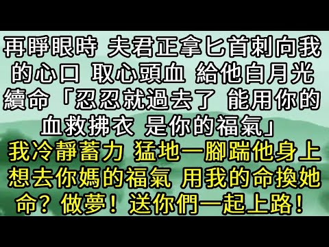 再睜眼,夫君正拿匕首刺向我的心口,取心頭血,給他的白月光續命「忍忍就過去了,能用你的血救拂衣,是你的福氣」。我冷靜蓄力,猛地一腳踹在他身上。想去你媽的福氣!用我的命換她命?做夢!我送你們一起上路!