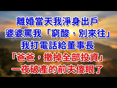 離婚當天我淨身出戶，婆婆罵我「窮酸，別來往」我打電話給董事長「爸爸，撤掉全部投資」，一夜破產的前夫傻眼了#阿木講故事#為人處世#生活經驗#情感故事#養老#睡前故事
