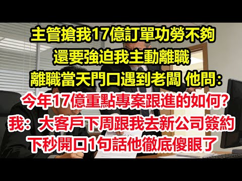 主管搶我17億訂單功勞不夠,還要強迫我主動離職,離職當天門口遇到老闆,他問:今年17億重點專案跟進的如何?我:大客戶下周跟我去新公司簽合同,下秒開口1句話他徹底傻眼了!#情感 #爽文 #職場 #生活