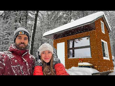 Winter camping in a Tiny Off Grid Cabin in a Snowstorm | 20+ Inches of Snow!