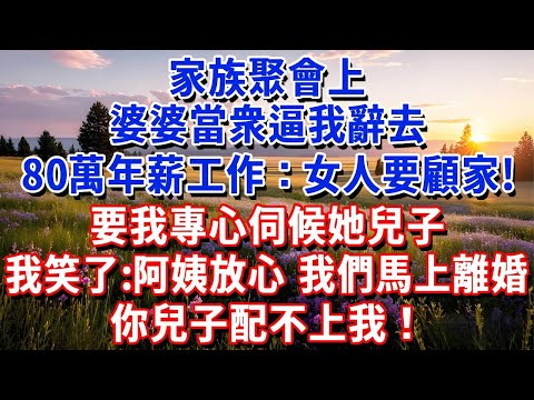家族聚會上，婆婆當衆逼我辭去80萬年薪工作：女人要著家，要我專心伺候她兒子。我笑了：阿姨放心，我們馬上離婚，你兒子配不上我時薪#小魚故事會#為人處世#人生感悟#中老年生活