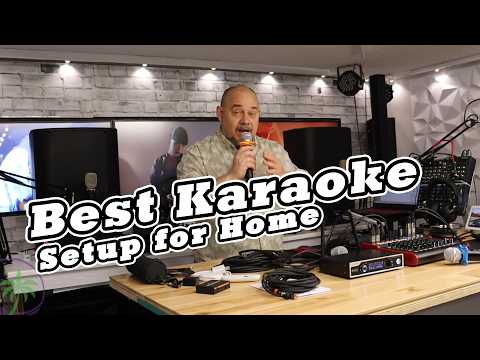 A True Home Karaoke System setup with Mixer, Wireless Microphone, & Powered Speaker