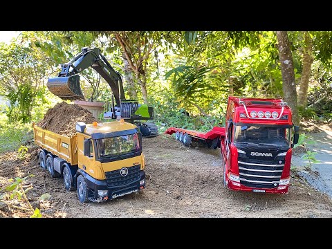 Aksi #10 Dump Truk RC Huina 1536 Muatan Tanah Merah Bahan Bangunan, Excavator Besar Huina 1593 