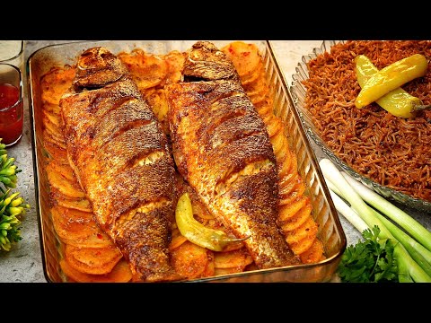 صينية سمك بالبطاطس 🍋‍🟩 بتتبيلة وحشوة غير شكل مع ارز السمك البني 🔥✨