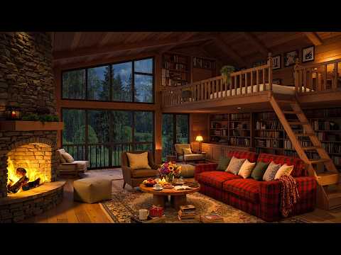 Cozy Rainy Cabin Ambience 🌧️ Crackling Fireplace & Soothing Jazz for Sleep, Study & Relaxation