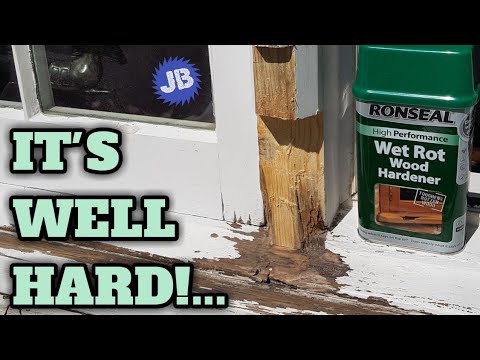 Using Ronseal Wet Rot Wood Hardener on this rotten window before filling it.