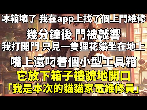 冰箱壞了，我在 app 上找了個上門維修。幾分鐘後，門被敲響。我打開門，只見一隻狸花貓坐在地上。嘴上還叼着個小型工具箱。它放下箱子，禮貌地開口：「您好，人類。」「我是本次的貓貓家電維修員。