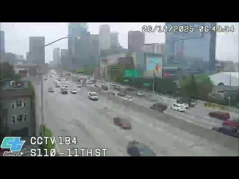 Live view of the 110 Freeway near Downtown Los Angeles, after tensions have escalated