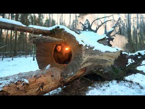 Winter Overnight Stay in a Warm and Cozy Survival Den. Clay oven, Catch and Cook, Bushcraft
