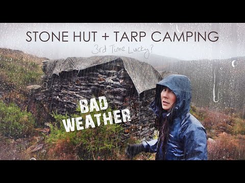 Wind & Rain Camping in Tiny Stone Hut with Tarp for Roof.. Attempt #3