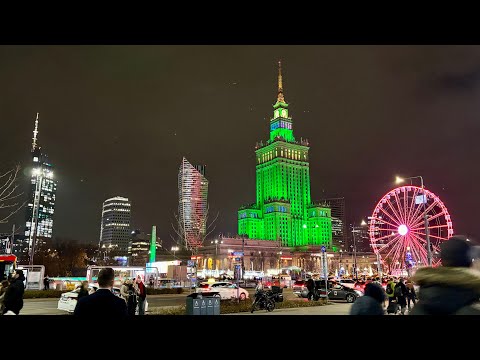 WARSAW, Poland Night Walk 4K | Christmas Market & Ferris Wheel | City Center Life [ASMR]