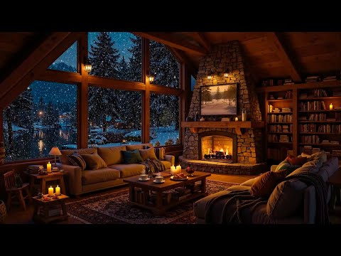 Peaceful Winter Night in Cozy Cabin Ambience ❄️ Smooth Piano Jazz Music & Fireplace Sounds to Sleep