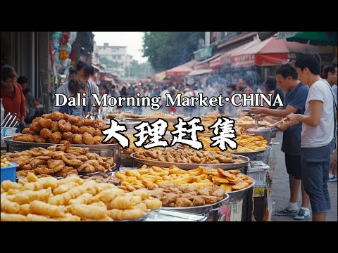 大理赶集，烟火气十足的当地集市，烤饵块/香酥鸡/稀豆粉/米豆腐/卷凉皮/炸猪皮/鸡蛋卷饼/菌菇山货/玉米饼/凉虾等，大理街头美食，Dali morning market·CHINA