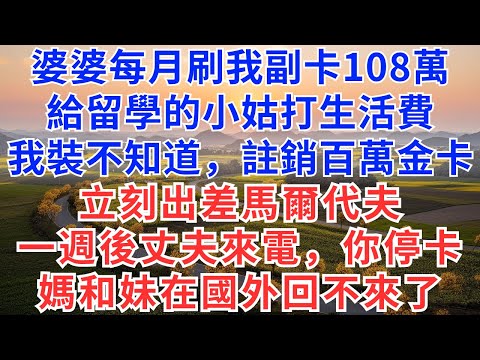 婆婆每月刷我副卡108萬，給留學的小姑打生活費，我裝不知道，註銷百萬金卡，立刻出差馬爾代夫，一週後丈夫來電，你停卡，媽和妹在國外回不來了！#慧心家事#為人處世#生活經驗#情感故事#戀愛#情感#婚姻