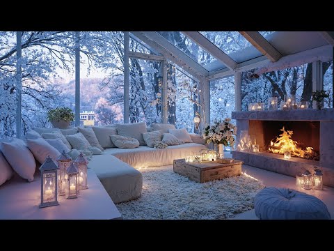 🔥 4 Hours White Ember Piano Lounge | Fireplace Light & Snowfall |Cozy Cabin Winter for Sleep & Focus