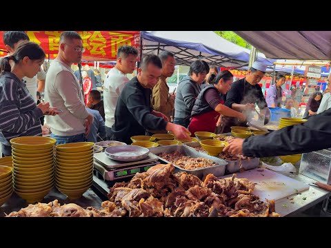 中國河南農村趕大集，煙火氣十足，七十歲老爺爺賣炒涼粉，八十歲老奶奶賣菜饃，大鐵鍋做麻酱羊肉燴麵排隊吃，水煎包真便宜，五元十五個，用鐵板做燒餅焦香酥脆，街頭美食豐富多樣，整個大集充滿生活氣息