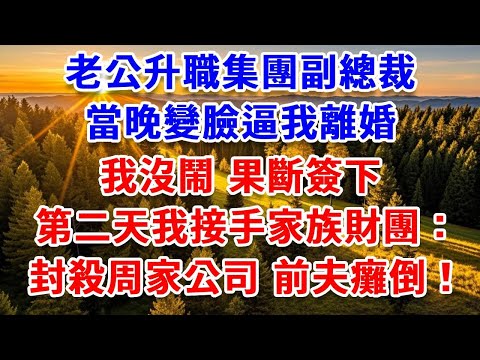 老公升職集團副總裁，當晚變臉逼我離婚，我沒鬧 果斷簽下，第二天我接手家族財團：封殺周家公司，前夫癱倒！#思妤說故事#為人處世#生活經驗#情感故事#晚年哲理#說故事#完結文#原創故事