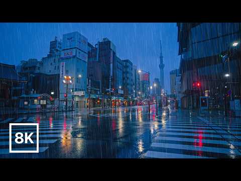 Midnight Rain to Dawn in Asakusa / 8K 60fps HDR / Rain Ambience (No Music) / Binaural Audio