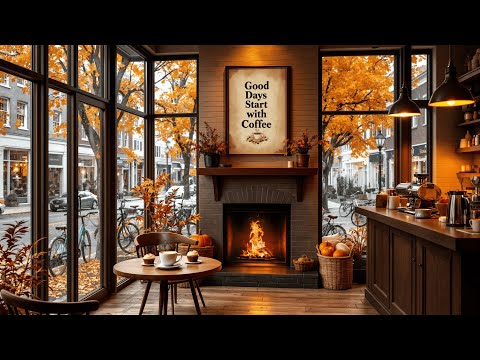Rainy Autumn Morning at Coffee Shop Ambience 🍁 Smooth Jazz Music with Crackling Fireplace for Relax